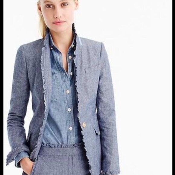 J. Crew Regent Four-Season Chambray Blazer Size 12 Ruffle Trim Striped Lining - Picture 1 of 11